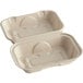 A white World Centric compostable hoagie box with two compartments.