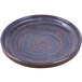 An Elite Global Solutions blue and brown melamine coupe plate with a swirl design.