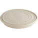 A white World Centric compostable fiber clamshell container with a circular design.