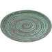 A close-up of a green and brown Elite Global Solutions melamine plate with a spiral design.