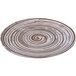 A white melamine plate with a brown swirl design.