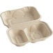 A white World Centric compostable fiber hoagie box with two compartments.