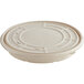 A white compostable fiber container with a round lid.