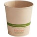 A World Centric paper hot cup with a green stripe and green text that reads "NoTree"