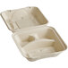 A World Centric compostable fiber clamshell container with three compartments on a white background.