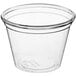 A World Centric clear compostable portion cup with a rim.