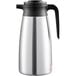 A silver stainless steel Bunn coffee pot with a black handle.