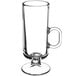 A clear glass Libbey Irish coffee mug with a handle.