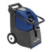 A blue and black Powr-Flite carpet extractor with wheels and a handle.