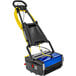 A blue and black Powr-Flite Multiwash 14" walk behind floor scrubber with yellow wires.