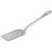 A close-up of a Choice stainless steel slotted spatula with a white background.