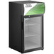 An Avantco black countertop display refrigerator with a green customizable panel on the door.