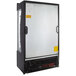 An Avantco black refrigerated air curtain merchandiser with customizable panel.