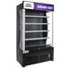 An Avantco black refrigerated air curtain display case with customizable panel.