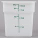 A white plastic Cambro food storage container with green writing.