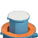 A blue and white round aluminum lid with orange accents.