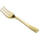 A close-up of a Visions gold plastic tasting fork with a white background.