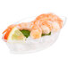 A Fineline clear plastic tray with a shrimp and lemon.