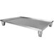 A stainless steel rectangular metal tray with legs.