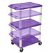 A purple plastic Luxor A/V cart with 3 shelves and wheels.