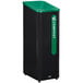A black Rubbermaid recycle bin with a green label and handle.