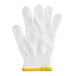 A white cut-resistant glove with yellow trim.