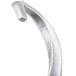 A silver curved metal dough hook with a bent tip.
