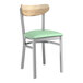 A Lancaster Table & Seating Boomerang chair with a seafoam vinyl seat and driftwood back.