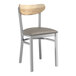 A Lancaster Table & Seating Boomerang Series chair with driftwood back and dark gray vinyl seat.