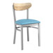 A Lancaster Table & Seating Boomerang chair with blue vinyl seat and driftwood back.