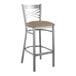 A Lancaster Table & Seating clear coated cross back bar stool with a taupe vinyl padded seat and back.