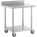 A Regency stainless steel work table with undershelf, casters, and a backsplash.