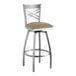 A Lancaster Table & Seating cross back bar stool with a taupe cushioned seat.