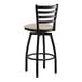 A black Lancaster Table & Seating swivel bar stool with a light gray cushion.