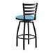 A Lancaster Table & Seating black ladder back bar stool with a blue vinyl cushion.