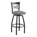 A Lancaster Table & Seating black swivel bar stool with a dark gray cushioned seat.