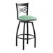 A Lancaster Table & Seating black swivel bar stool with a seafoam green cushion.
