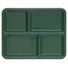 A forest green Carlisle tray with four rectangular compartments.
