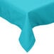 A teal square Intedge table cover on a table.