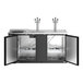 An Avantco black kegerator with silver taps on a black and silver bar.