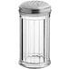 A clear plastic cheese shaker with a perforated white lid.