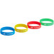 A multicolored iSi whipper band set with white text on red, blue, green, and yellow rubber bands.