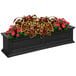 A black rectangular Mayne Fairfield window box with red and pink flowers.