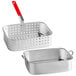An aluminum fry pot with a red handle and a metal basket.