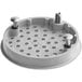 A round white plastic drain strainer with screws and nuts.
