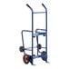 A blue Lavex steel drum hand truck with iron and rubber wheels.