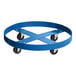 A blue Lavex steel drum dolly with black wheels.