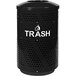 An Ex-Cell Kaiser black steel trash receptacle with "Trash" written on it and a dome top with holes.