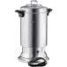 An Avantco stainless steel coffee urn with black handles and a cord.