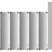 A row of rectangular stainless steel shelves with a white background.